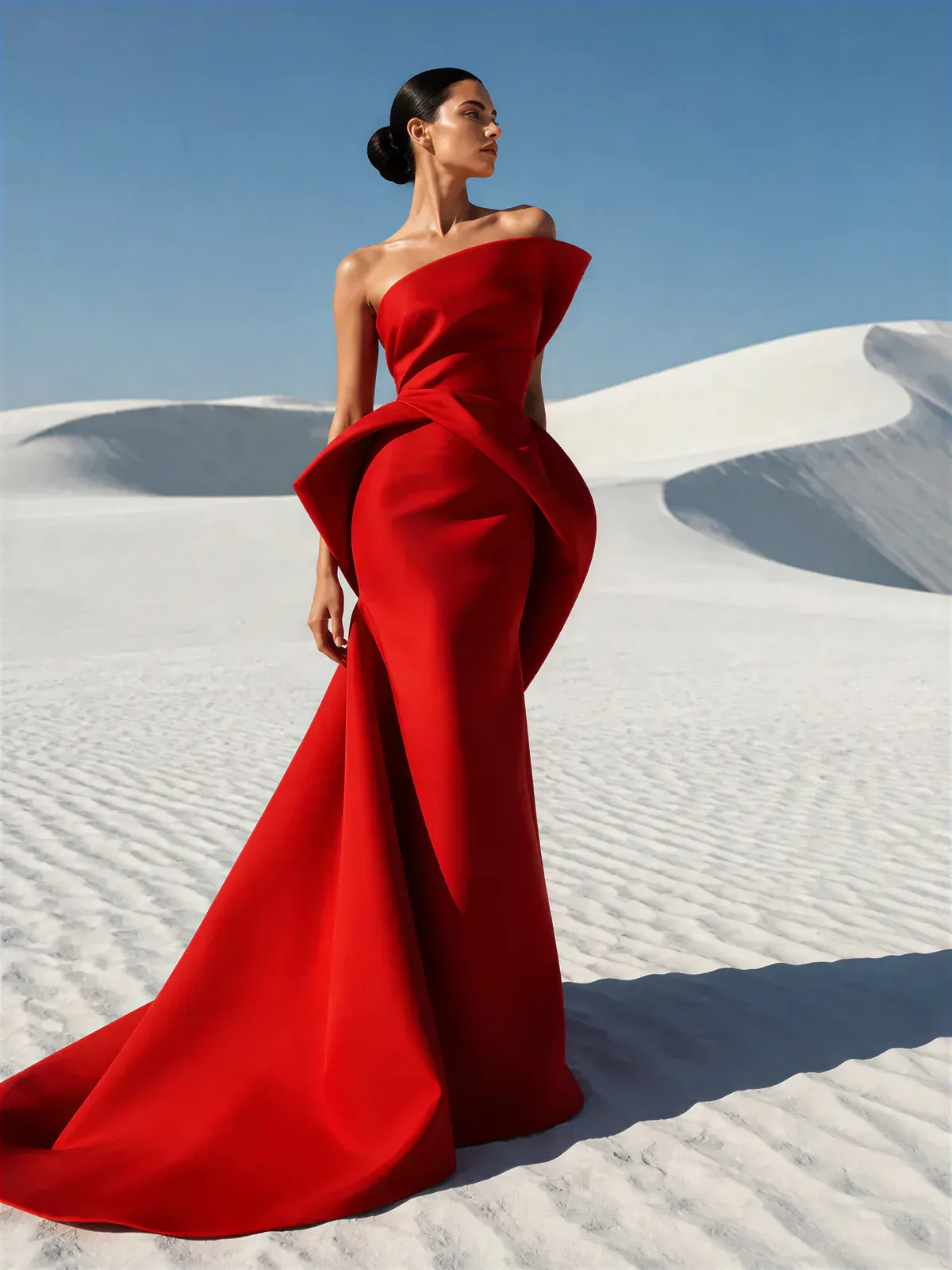 A woman in a flowing red gown on white dunes, fashion editorial